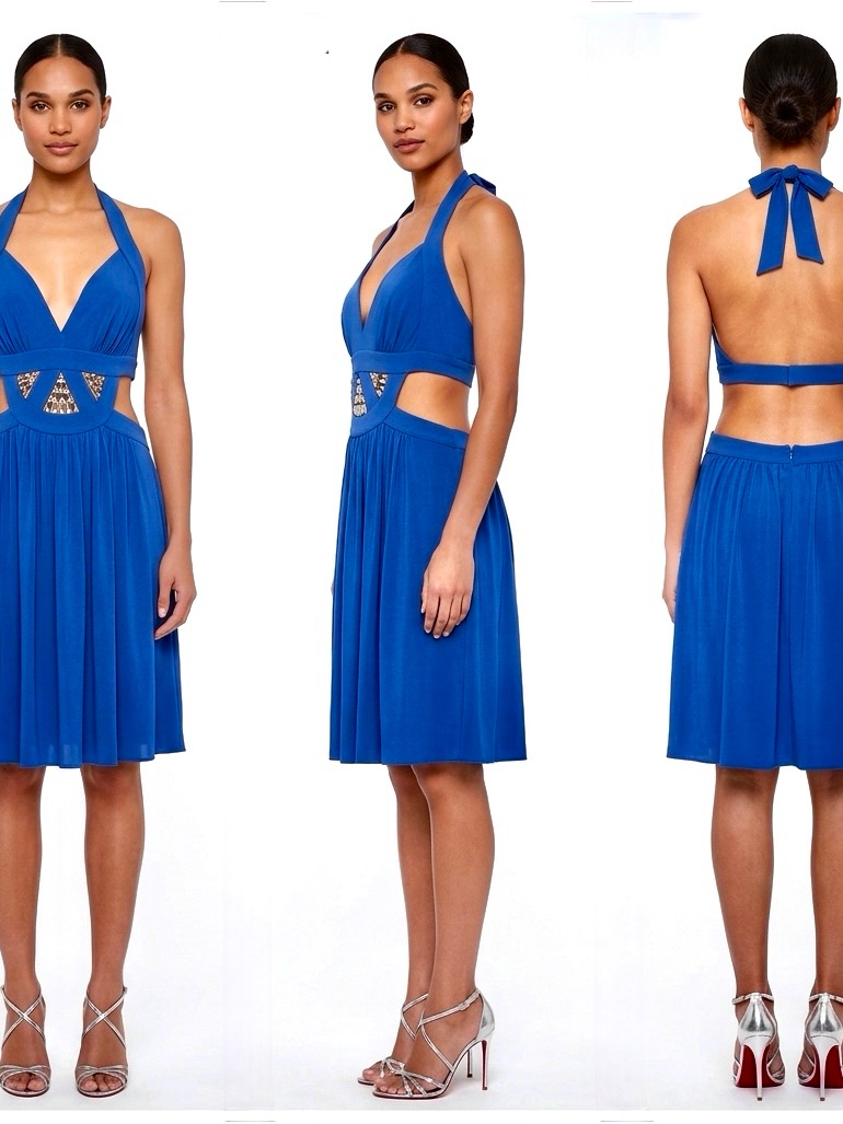 Bcbgmaxazria Cutout Jersey Halter Dress Blue Peekaboo S